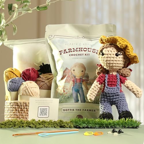 Hearth & Harbor Amigurumi Crochet Kit for Beginners, Learn to Crochet Kits for Adults Beginner with Easy Yarn, Stuffed Crochet Animal Kit with Step-by-Step Video Tutorials – Dottie the Farmer by HearthHarbor