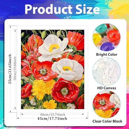 xcemhil Flowers Paint by Number Kit for Adults, Poppy Paint by Numbers Kit, Adult Paint by Number Kits on Canvas for Gift Home Wall Decor 16x20in - Image 2