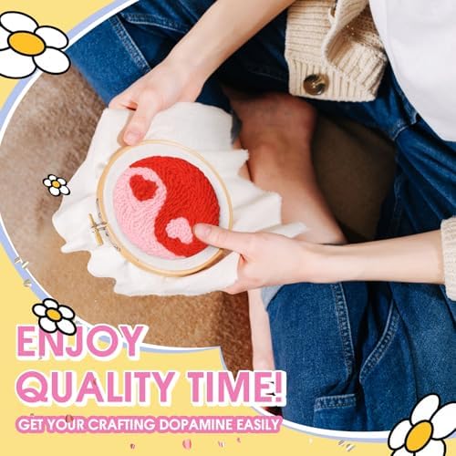 yuegool 6PCS Energy Punch Needle Coasters Kit,Easy DIY Punch Needle Embroidery Kit for Beginners Adults Kids Including Patterns, Tools, Yarns, Hoop, Instruction, Coaster Holder Art Craft Supplies - Image 3