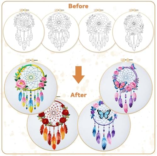 BEUNITONE 4 Set Dream Catcher Embroidery Kit for Beginners 7.9"x7.9" - Image 4
