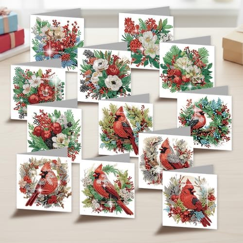 jinglinhh 12pcs Diamond Art Painting Christmas Cardinal Greeting Cards with Envelopes, DIY Card Making Kits for Adults, Diamond Art Christmas Cards for Birthday Holiday Postcards Craft Gifts - Image 4