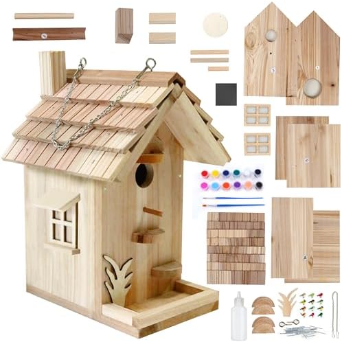 Wooden Birdhouse Kit for Adults to Build, DIY Bird House Craft Kits to Paint, Adult Woodworking Building Kits Birdhouse for Outside, Garden, Yard (Wood, 8.5in) by Rioychan