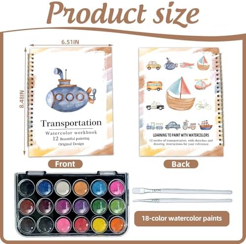 Watercolor Workbook, Water Coloring Book, 12 Different Patterns of Original DIY Designs, 18 Colors Watercolor Paint Set, Beginner-Friendly Watercolor Workbooks(Transportation), Perfect Gifts for Adult - Image 2