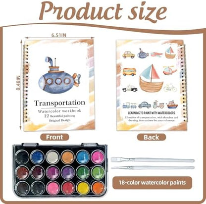 Watercolor Workbook, Water Coloring Book, 12 Different Patterns of Original DIY Designs, 18 Colors Watercolor Paint Set, Beginner-Friendly Watercolor Workbooks(Transportation), Perfect Gifts for Adult - Image 2