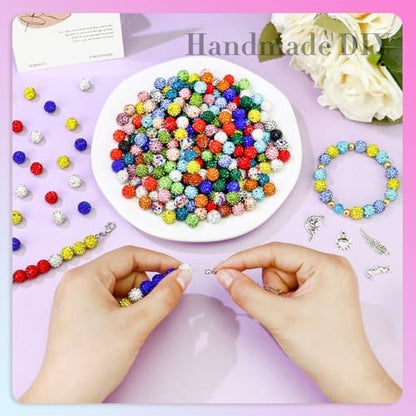 Dowarm 480PCS 10mm Rhinestone Beads Kit for Jewelry Making Baseball Necklace Friendship Bracelet, Round Disco Ball Rhinestone Clay Beading Set with Crackle Spacer Beads Charms for DIY Crafting - Image 4