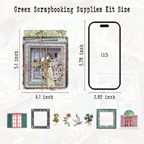 Diuhofart Scrapbooking Supplies Kit, 45 Pieces Green Aesthetic Junk Journal Kit with Scrapbook Paper, Embossed Collage Cards and Stickers for Journaling Supplies, DIY Art Craft, Collage - Image 6