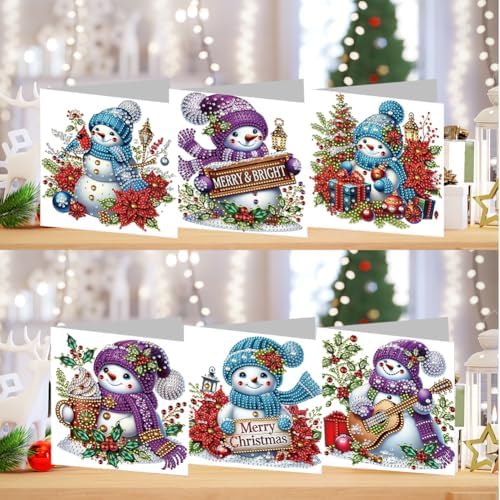 jinglinhh 6pcs Diamond Art Painting Christmas Snowman Poinsettia Greeting Cards with Envelopes, DIY Card Making Kits for Adults, Diamond Art Postcards Christmas Cards Craft Gifts - Image 4