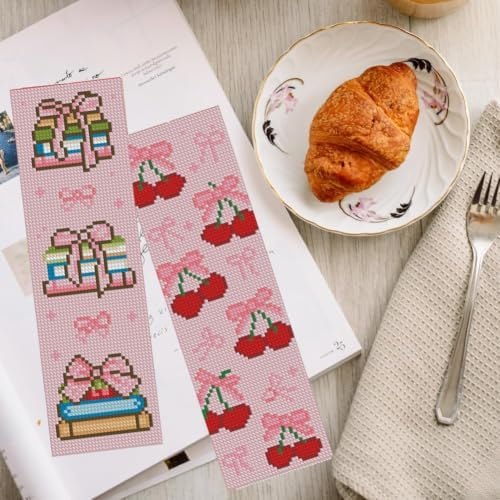 KYOQFVN 6 Pcs Pink Cross Stitch Bookmark Kit for Beginner, 14 CT Bow Stamped Cross Stitch Kits, Stamped Embroidery Bookmark Kit with Instructions Hand Craft - Image 5