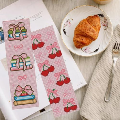 KYOQFVN 6 Pcs Pink Cross Stitch Bookmark Kit for Beginner, 14 CT Bow Stamped Cross Stitch Kits, Stamped Embroidery Bookmark Kit with Instructions Hand Craft - Image 5