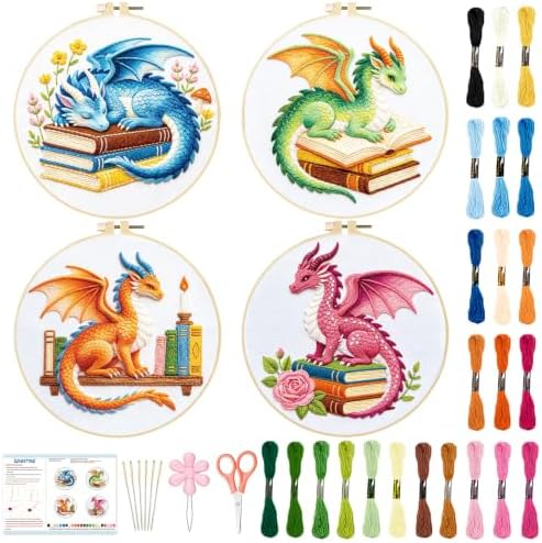 BEUNITONE 4 Set Embroidery Kits for Beginners with Dragon Pre-Print Patterns, DIY Craft Kits Include Instructions and 2 Embroidery Hoops, Cross Stitch Needlepoint Kits for Craft Lover and Home Decor by BEUNITONE