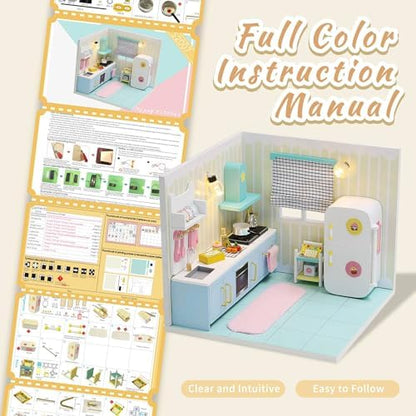 Kisoy Dollhouse Miniature with Furniture Kit, DIY 3D Wooden DIY House Kit A Corner of a Small Apartment Style with Dust Cover & LED,Handmade Tiny House Toys for Kids Adults Gift (Kitchen) - Image 5