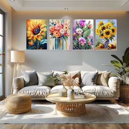 Bowetile 4 Pack Flowers Paint by Numbers for Adults Beginners Framed, Sunflower Adults' Paint-by-Number Kits, Easy Adult Paint by Number Kits on Canvas, Acrylic Number Painting for Home Decor, 8x12in - Image 2
