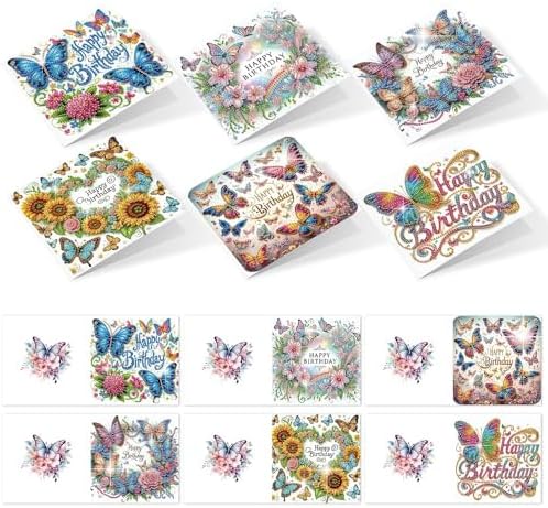 6 Pack Diamond Art Greeting Cards with Envelopes, DIY 5D Diamond Painting Birthday Card Kit with Butterflies and Flowers, 30x15cm Handmade Special Shaped Rhinestone Craft for Holiday and Birthday by AiYuanzsh