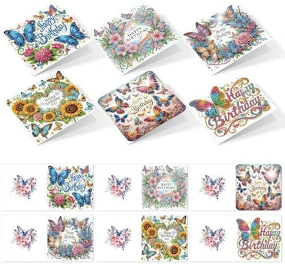 6 Pack Diamond Art Greeting Cards with Envelopes, DIY 5D Diamond Painting Birthday Card Kit with Butterflies and Flowers, 30x15cm Handmade Special Shaped Rhinestone Craft for Holiday and Birthday by AiYuanzsh