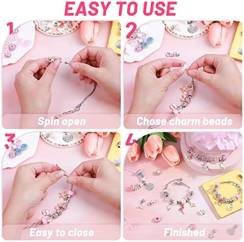 Flasoo DIY Charm Bracelet Making Kit, Jewelry Kit with Unicorn Mermaid Pink Stuff Craft Gifts for Birthday, Christmas, New Year - Image 4