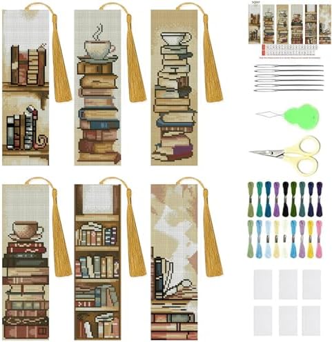 KYOQFVN 6 Pcs Book Cross Stitch Bookmark - 14CT Bookmark Cross Stitch Kit with Instructions, Needlepoint Bookmark Kit for Adult Beginners 6×20cm by KYOQFVN