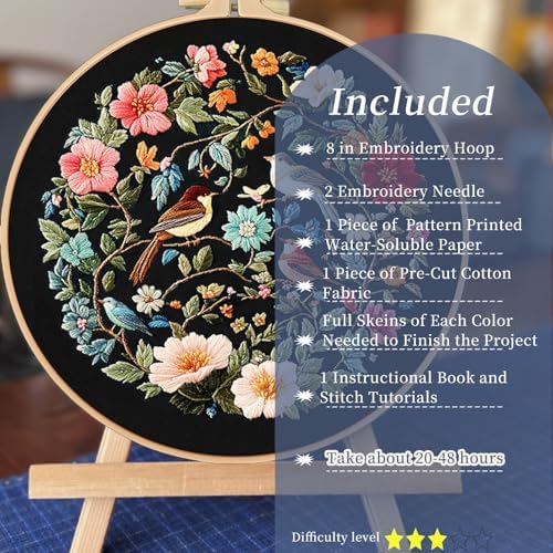 FONNUY Embroidery Kit for Beginners, Birds with Flowers Pre-Stamped Pattern Kits for Adults with Hoop, Easy to Follow Color Thread Needlework, 8'' Hoop (Blue) - Image 2