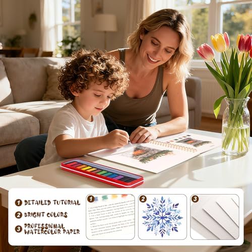 Christmas Watercolor Workbook for Adults, Beginner Friendly Watercolor Painting Kit Winter Water Coloring Book, Nature-Themed Practice Art Gift Water Color Paint Book with Palette and Brush - Image 5