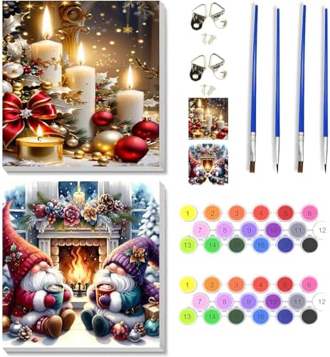 VIGEGU 2 Pack Christmas Paint by Numbers Kit for Adults with Framed,Gnome Candle Paint by Number DIY Adult Paint by Number Kits for Wall Decor 10x10in by VIGEGU