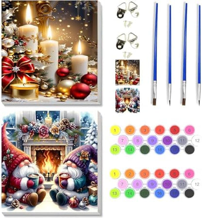 VIGEGU 2 Pack Christmas Paint by Numbers Kit for Adults with Framed,Gnome Candle Paint by Number DIY Adult Paint by Number Kits for Wall Decor 10x10in by VIGEGU