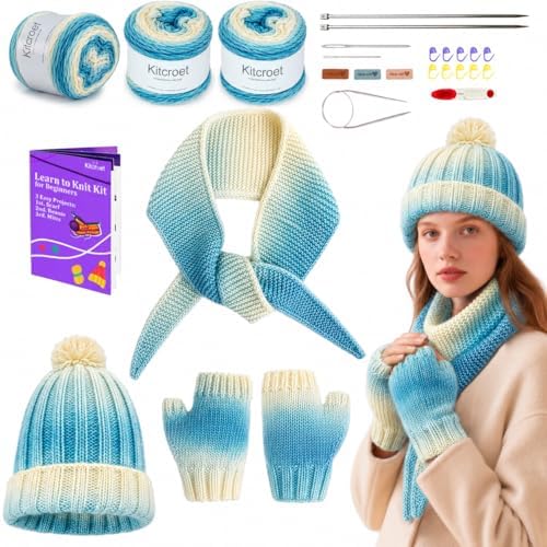 Knitting Kit for Beginners, Complete Starter Kit for Scarf, Hat, Gloves by Kitcroet