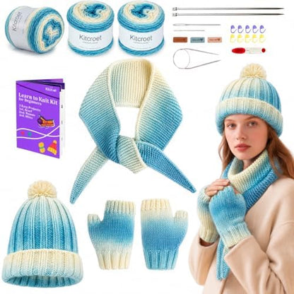 Knitting Kit for Beginners, Complete Starter Kit for Scarf, Hat, Gloves by Kitcroet