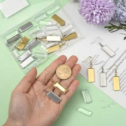1 Box 60Pcs 20 Sets Earring Blank Tray Bezel Set Earring Blanks 10x25mm Rectangle Pendant Trays with Glass Cabochons Settings Silicone Ear Backs for Jewelry Making Supplies DIY Dangle Charms - Image 5