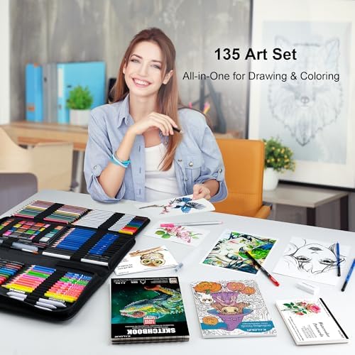 KALOUR 135 Drawing Set Sketching Kit,Art Supplies with 3-color Sketchbook & Coloring Paper,Include Tutorial, Oil Based, Neon,Graphite, Charcoal, Watercolor & Metallic Pencil,for Artist Adults Beginner - Image 2