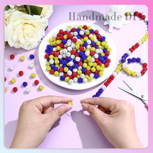 Dowarm 255PCS 10mm Rhinestone Beads for Baseball Necklace Bracelet Jewelry Making, Round Rhinestone Clay Beads for Craft Beaded Pen, Shamballa Pave Diamond, Yellow|Red|Blue|White - Image 4