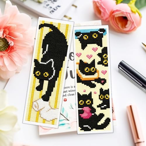 ACRNIGHEET 6PCS Cross Stitch Bookmark Kit for Beginner Stamped Cross Stitch Kits for Adults Naughty Black Cat DIY Tassel Embroidery Bookmark Kits Needlepoint Kit with Instructions Gift 8.5''x3'' 11CT - Image 6