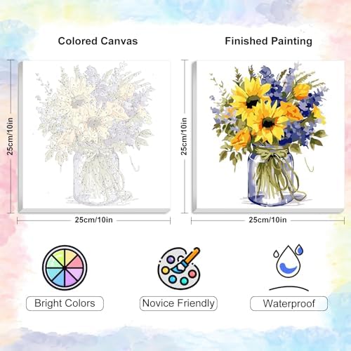 Yezavesu Flower Framed Paint by Numbers Kit for Adults Beginner & Kids Ages 8-12, Flowers Paint by Number Without Easel, DIY Adult Paint by Numbers Sunflower for Home Wall Decor Gift 10x 10 inch - Image 3