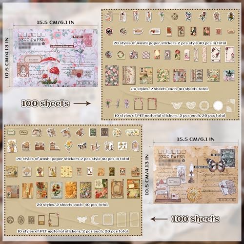 200Pcs Vintage Scrapbook Supplies, Nature Floral Stickers, Junk Journal Kit - Image 2