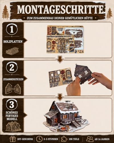 LED 3D Wooden Puzzle Winter Cabin DIY Miniature Building Kit with LED Lights - 3D Craft Rural Wooden Cabin Models Decor Gift for Adult - Image 2