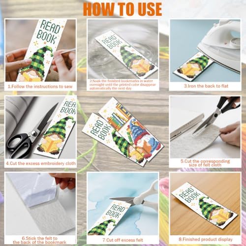 FREEBLOSS 6 Set Cross Stitch Bookmark Kit 11 CT Stamped Cross Stitch Kit DIY Embroidery Bookmark Kits for Adult Beginners with Instructions, Gnome Pattern, 6 x 20 cm/8" x 2.4" - Image 5