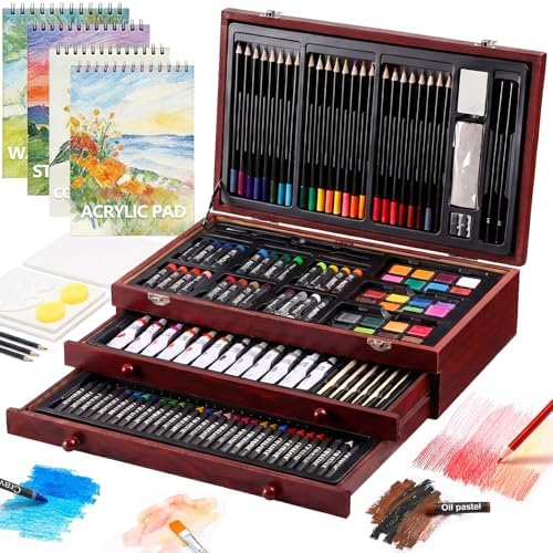 194 Piece Deluxe Art Set, Painting Drawing Art Supplies with 4 Drawing Pads, Acrylic Paints, Crayons, Colored Pencils Set in Wooden Case, Art Kit Gift Box for Kids, Teens, Adults, Artists, Beginners by TMOLARTSUPPLIES
