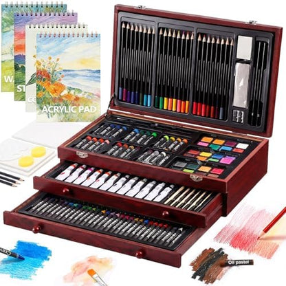 194 Piece Deluxe Art Set, Painting Drawing Art Supplies with 4 Drawing Pads, Acrylic Paints, Crayons, Colored Pencils Set in Wooden Case, Art Kit Gift Box for Kids, Teens, Adults, Artists, Beginners by TMOLARTSUPPLIES