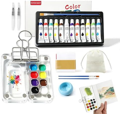 Portable Mini Watercolor Paint Set - All-in-One Travel Kit with Paints, Brushes, Palette, Bag, and Water Container - Perfect for Artists and Beginners-8 Grids by Unknown