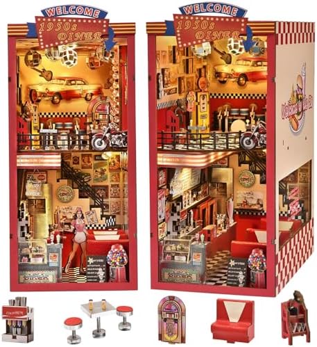 fifijoy Book Nook Kit - DIY Miniature Dollhouse for Adults and Teens, 3D Wooden Puzzle Booknook with LED Light, Retro Tiny House Bookshelf Insert Decor, Gifts for Family, Friends (1950s Diner) by fifijoy