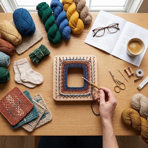 Square Wooden Knitting Loom with Multiple Hooks, Mini Crochet Board for Weaving Scarves, Hats, Socks and Hairband - DIY Beginner Knitting Tool - Image 6