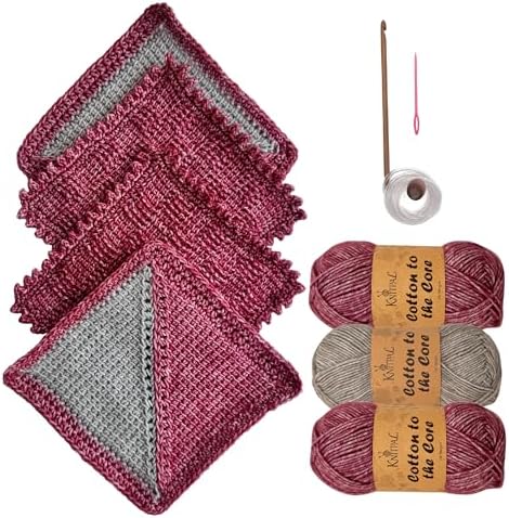 Tunisian Crochet Dishcloth Kit for Beginners - Cherry Red + Elephant Gray by KnitPal
