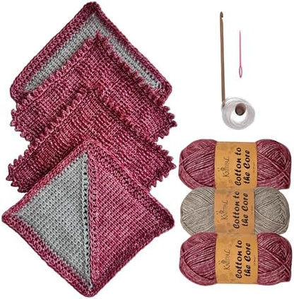 Tunisian Crochet Dishcloth Kit for Beginners - Cherry Red + Elephant Gray by KnitPal
