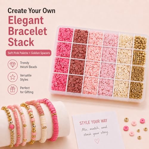 Believo Polymer Clay Beads Kit for DIY Jewelry with Elastic Cord, Colorful Flat Heishi Beads and Spacer Pieces – Ideal for Friendship Bracelet & Necklace Making (Pink) - Image 7