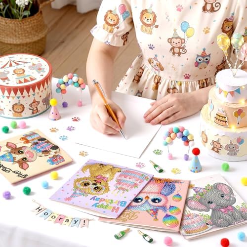 Saillong 12 Pack Happy Birthday Diamond Painting Greeting Card Kits DIY Animal Birthday Diamond Art Cards with Envelopes Cake 5D Rhinestones Painting Kits for Adults DIY Crafts Family Friend Gifts - Image 2