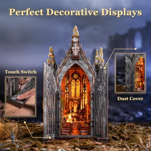 fifijoy Book Nook Kit - Abandoned Gothic Church DIY Miniature Dollhouse kit with LED Light for Adults, 3D Wooden Puzzle Model Tiny House Bookshelf Insert Decor, Gifts for Family, Friends - Image 5