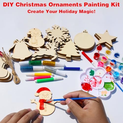 Christmas Ornaments Craft Kit, 48 Pcs Blank Wood Slices for Painting with Paint Pens and Brushes, DIY Wooden Christmas Ornament Set for Tree Decorations, Family Holiday Activities and Gifts - Image 3