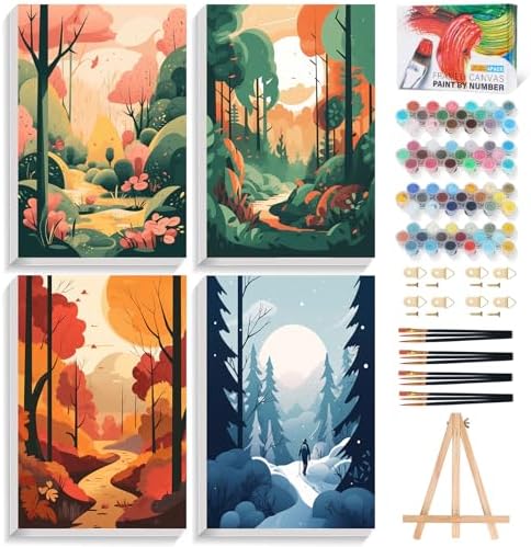 4 Pack Framed Paint by Numbers Kit for Adults with Wooden Easel, 8x12 Inch by Offito