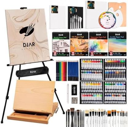 DJAR 174 Pcs All-in-One Art Painting Set with Beech Wood Easel by DJARARTTOOL