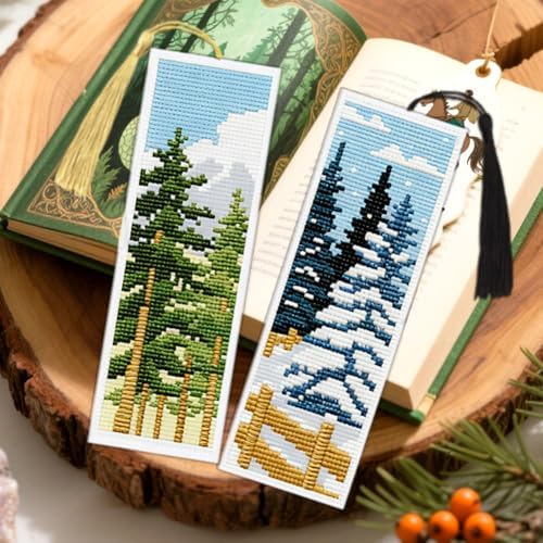 ACRNIGHEET 6PCS Cross Stitch Bookmark Kit for Beginner Pine Stamped Cross Stitch Kits Needlepoint Kit for Adults DIY Tassel Embroidery Bookmark Kits with Instructions Craft Gift 8.5"x3" 11CT - Image 6