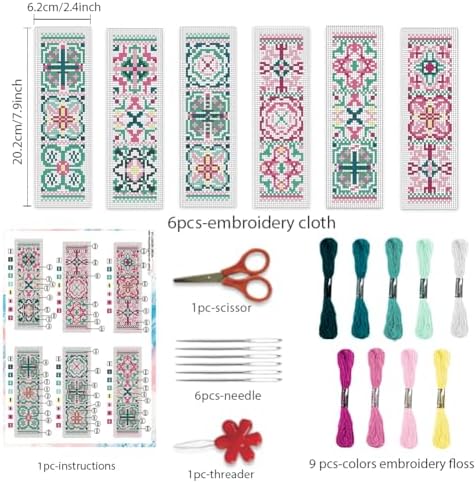 BEUNITONE Cross Stitch Bookmark Kits 6 Pcs Variegated Flowers DIY Bookmarks Cross Stitch Set for Adults Beginners Hand Embroidery Set Traditional Decorative Patterns Craft Kits for Gifts 8''x2.4'' - Image 2