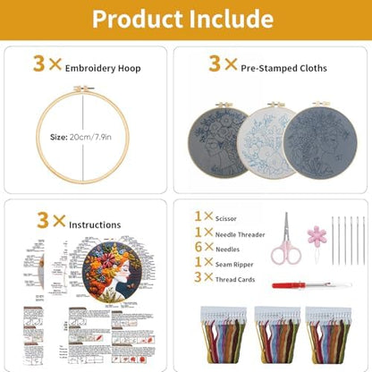 LYMIGER 3 Packs Embroidery Kit for Adults, Embroidery for Beginners (Girl) - Image 3
